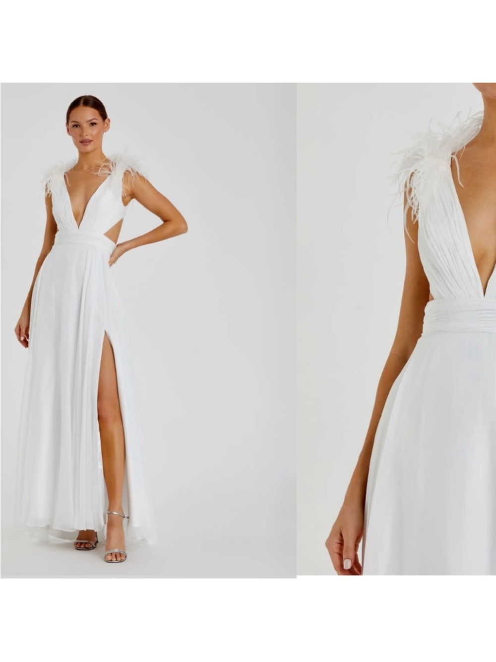 MAC DUGGAL Plunging V-Neck Ostrich Feather-Trim Dress wedding /second look 8 NWT